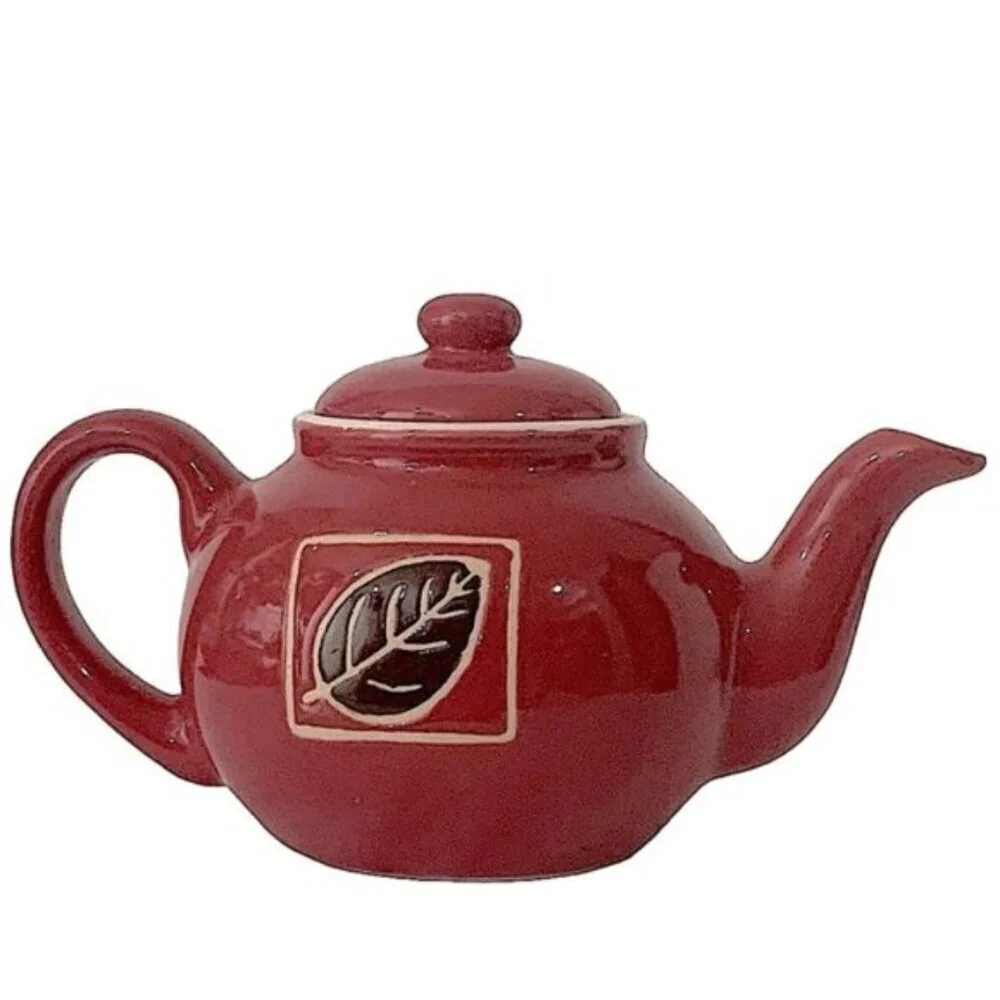 Teapot Vintage Hand Painted Ceramic Multipurpose Mini Earth Tone Rustic Red